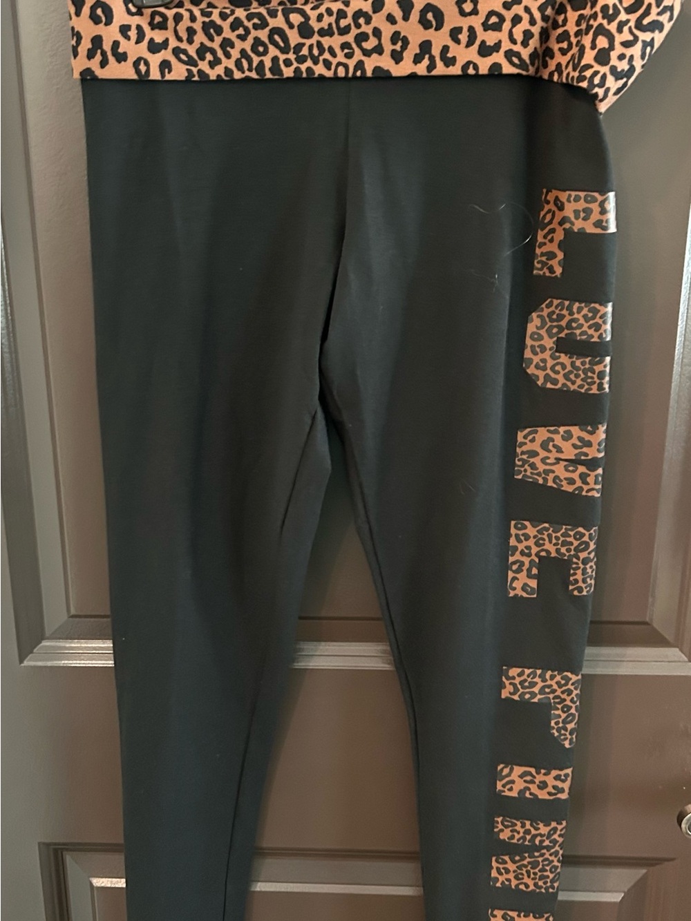 PINK Victoria's Secret Black Leggings with Leopard Print Logo